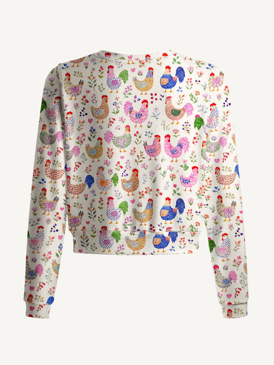 Lightweight Crew Neck Long‑Sleeve Cropped Colorful Farm Chickens Print Fine‑Knit Cardigan