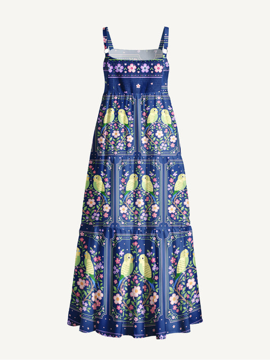 Midnight Garden Lovebirds Print Wide Straps Maxi Dress With Pockets