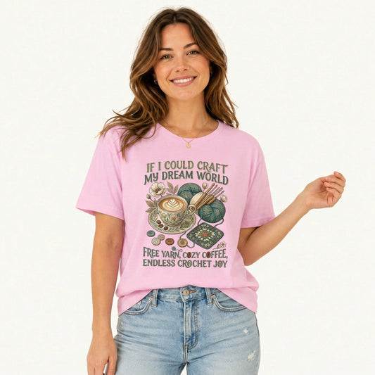 Cozy Coffee Crochet Dream Print Crew Neck Cotton Tee