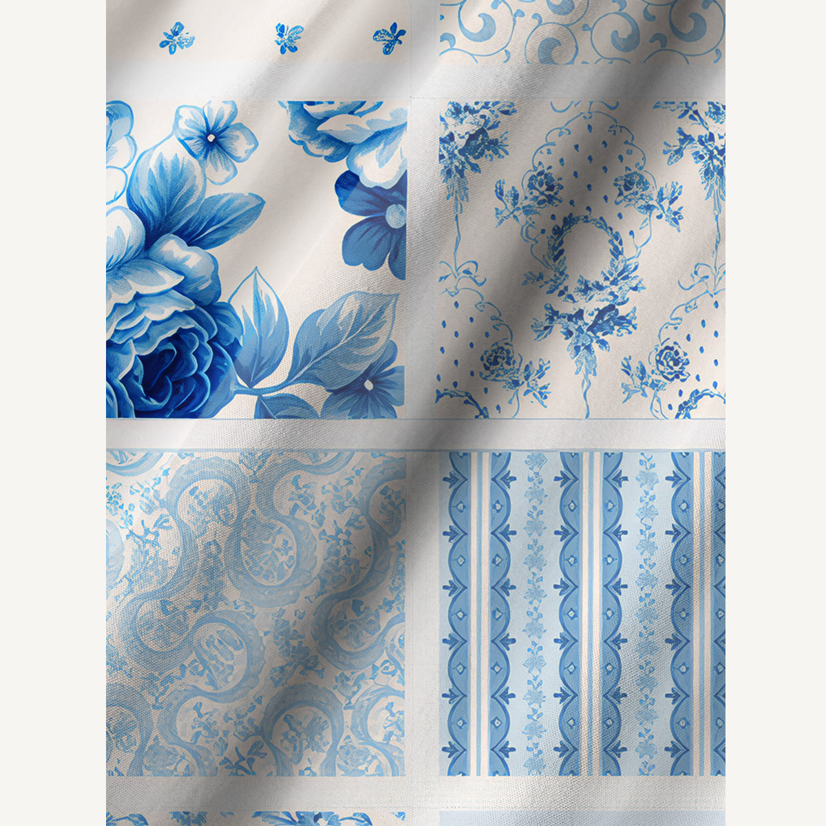 Delft Blue Floral Patchwork Print Cotton Wide Straps Maxi Dress With Pockets