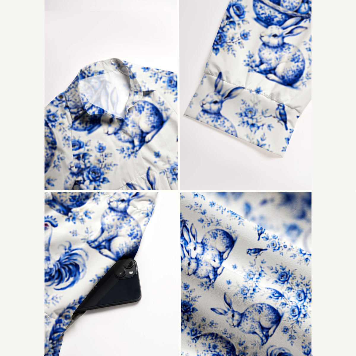 V Neck Collared Delft Farm Print Casual Midi Dress With Pockets