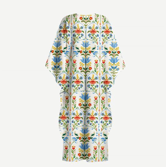 V‑Neck Folk Bloom Kimono Sleeve Kaftan Dress