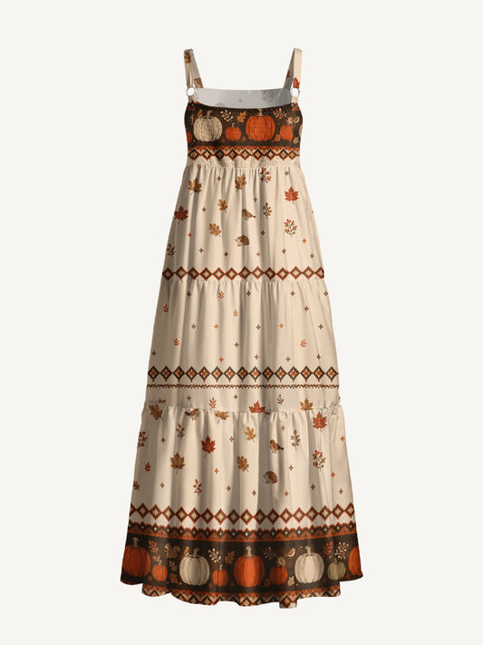 Woodland Pumpkin Harvest Print Wide Straps Maxi Dress With Pockets