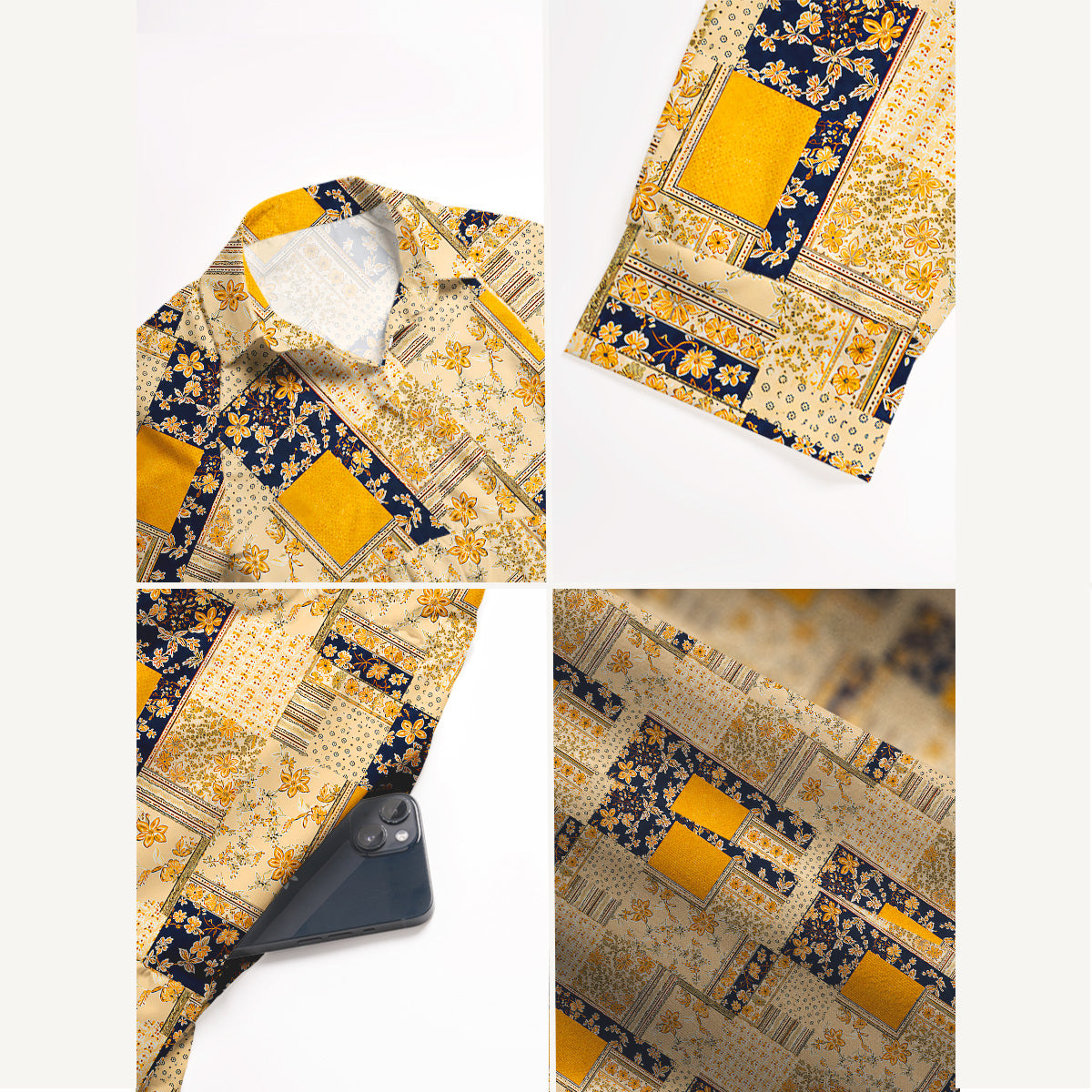 Vintage Mustard and Navy Floral Patchwork Print Casual Midi Dress With Pockets