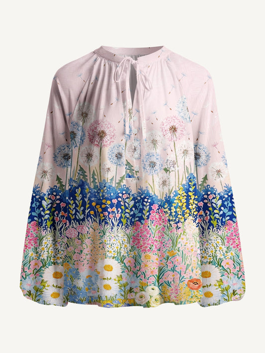Moonlit Dandelion Garden Print Boho Long Sleeve Tie‑Neck Blouse