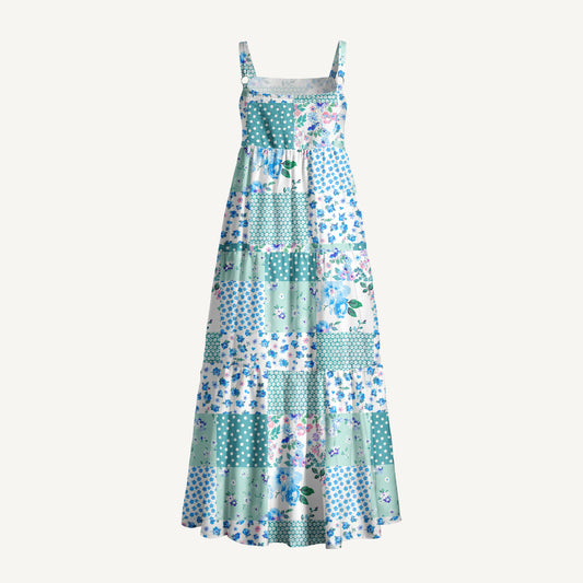 Retro Patchwork Polka Dot & Floral Print Wide Straps Maxi Dress With Pockets