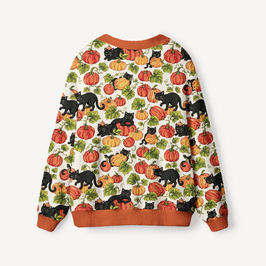 Black Cat Romp in the Pumpkin Fields Print Ugly Cardigan Sweaters