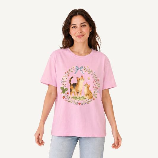 Strawberry Garden Cats Print Crew Neck Cotton Tee
