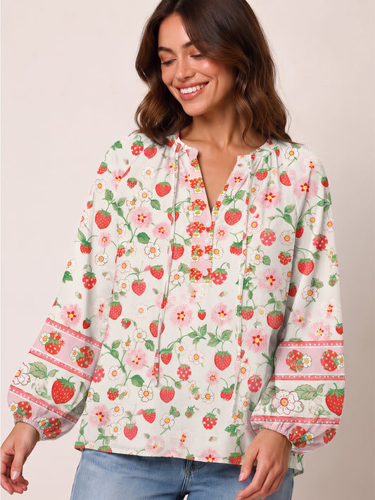 Strawberry Meadow Print Boho Long Sleeve Tie‑Neck Blouse