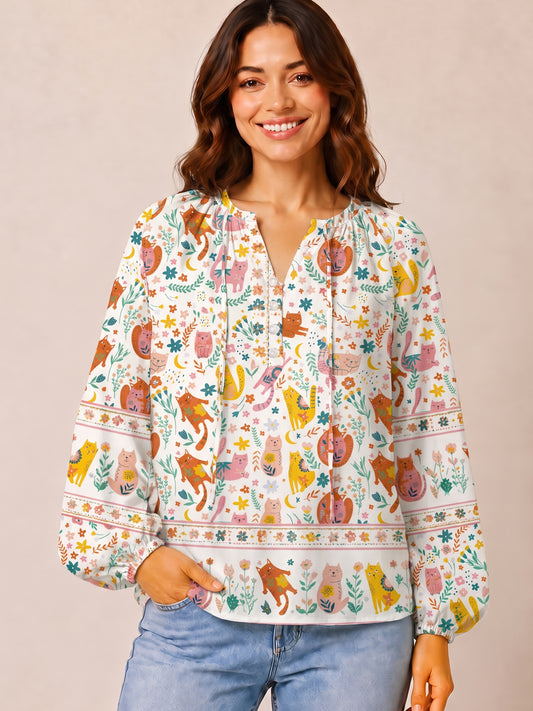 Floral Cozy Cat Print Boho Long Sleeve Tie‑Neck Blouse