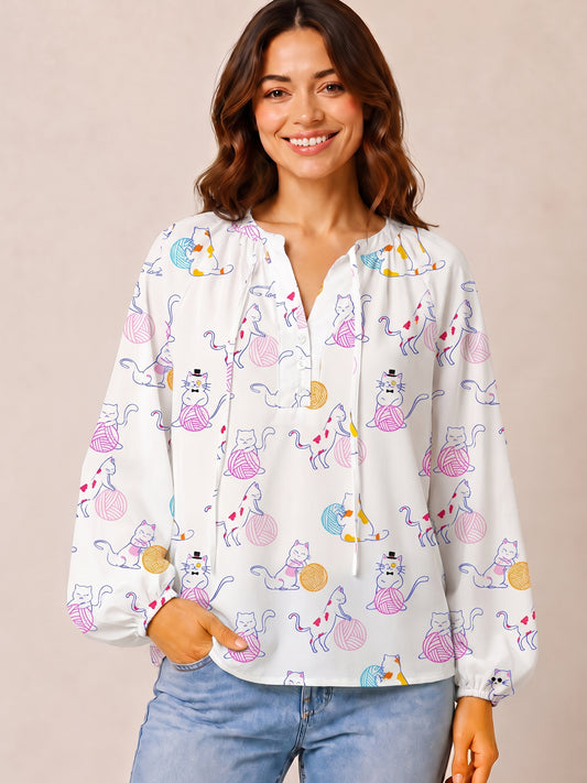 Color Yarn Garden Cat Print Boho Long Sleeve Tie‑Neck Blouse