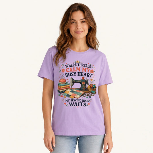 Calm Heart Sewing Room Print Crew Neck Cotton Tee