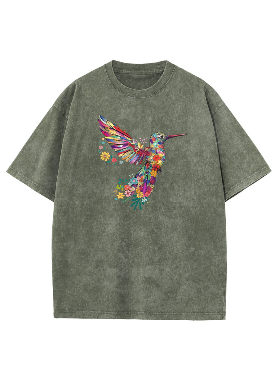 Vintage Floral Hummingbird Washed T-Shirt
