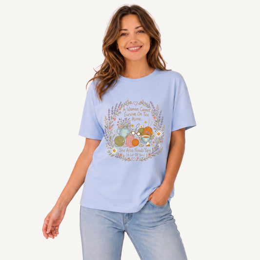 Vintage Floral Knitting Circle Print Crew Neck Cotton Tee
