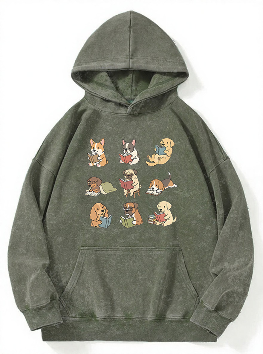 Vintage Funny Dog Reading Washed Hoodie