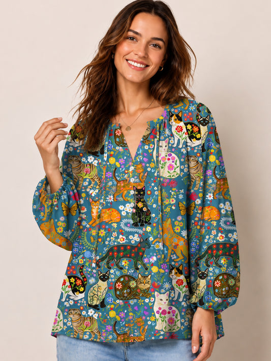 Colorful Garden Cat Pattern Print Boho Long Sleeve Tie‑Neck Blouse