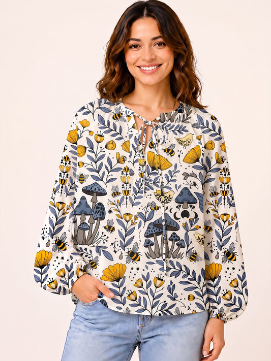 Bee Whisper Forest Print Boho Long Sleeve Tie‑Neck Blouse