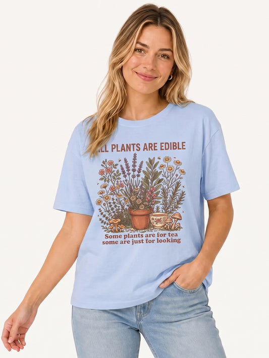 All Plants Are Edible Print Crew Neck Cotton Tee
