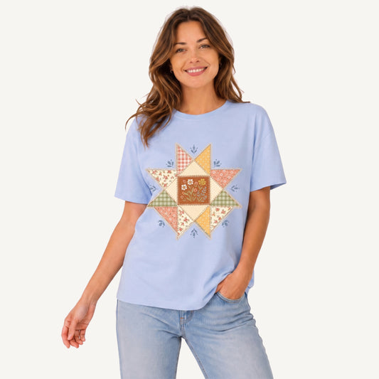 Vintage Quilt Star Meadow Print Crew Neck Cotton Tee