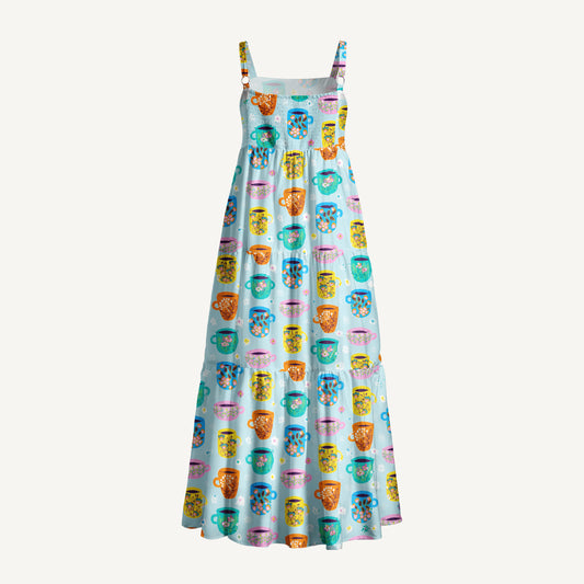 Colorful Hand-Drawn Teacup Print Wide Straps Maxi Dress With Pockets