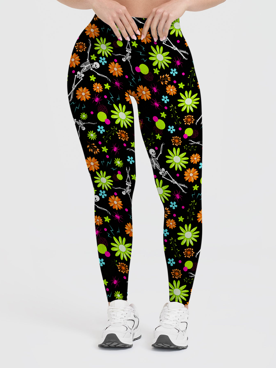 Vintage Dancing Skeleton Neon Retro Flower Halloween Leggings