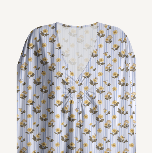 V‑Neck Blue Marigold Kimono Sleeve Kaftan Dress