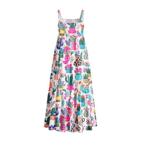 Cactus and Flowers Print Wide Straps Maxi Dress With Pockets