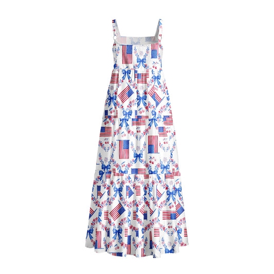 Patriotic Floral Print Wide Straps Maxi Dress With Pockets