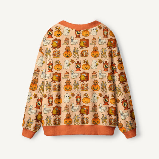 Cozy Halloween Curiosities Print Ugly Cardigan Sweaters