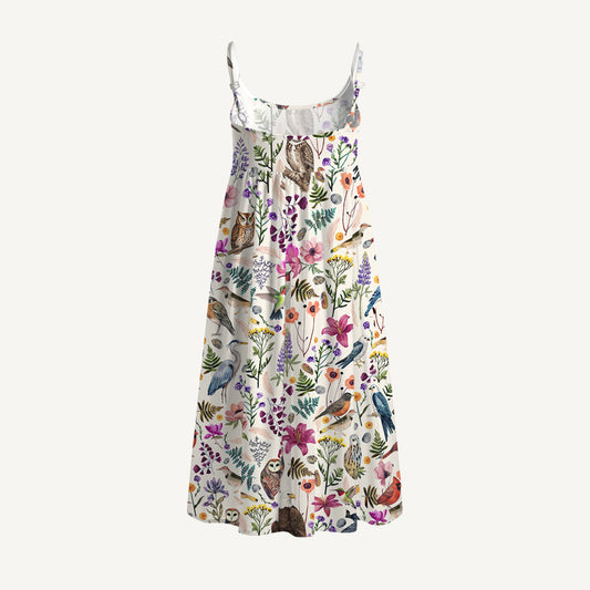 Whimsical Woodland Birds Wildflowers Print Spaghetti Strap Mini Dress