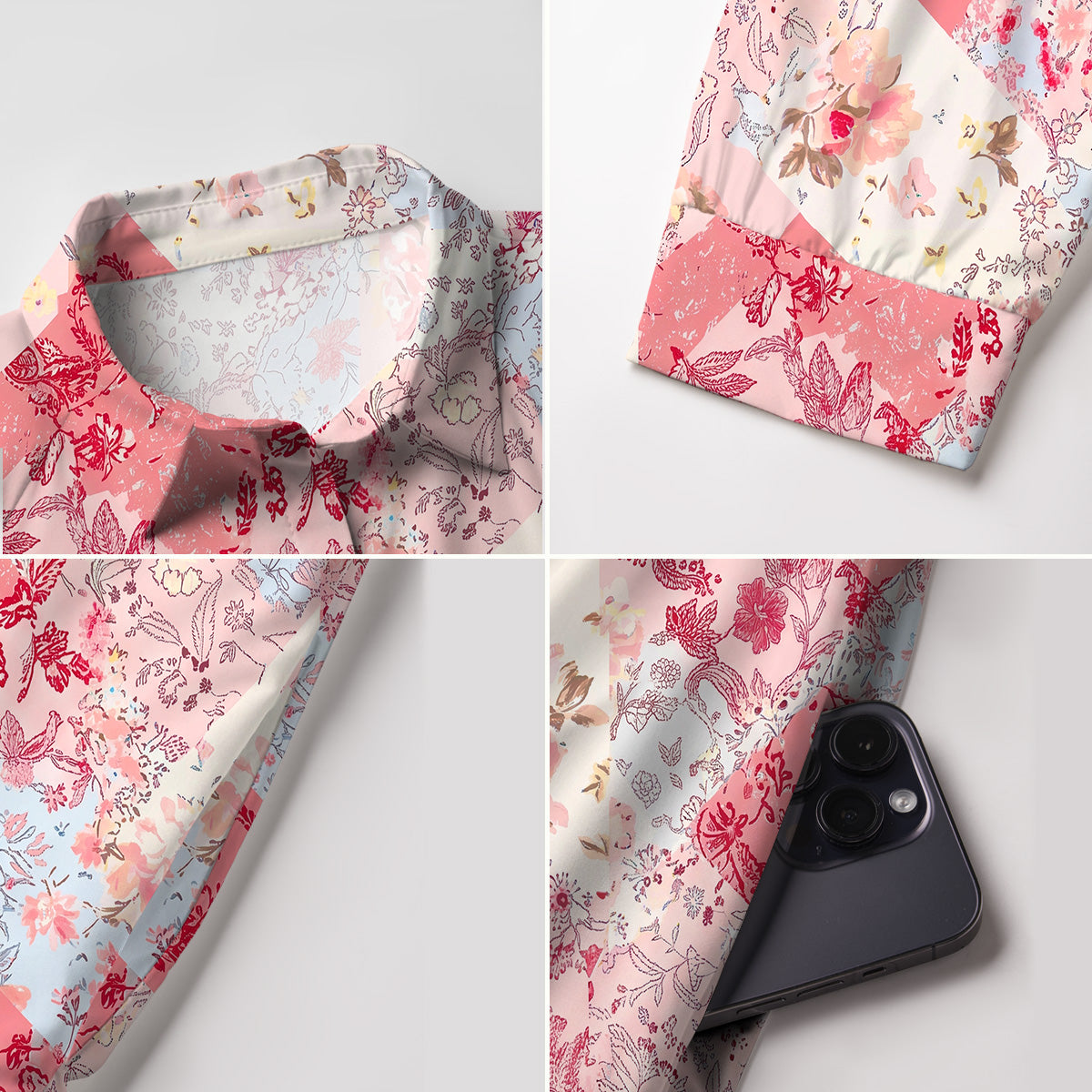 V Neck Collared Shabby Chic Floral Patchwork Mini Dress For Women With Pockets