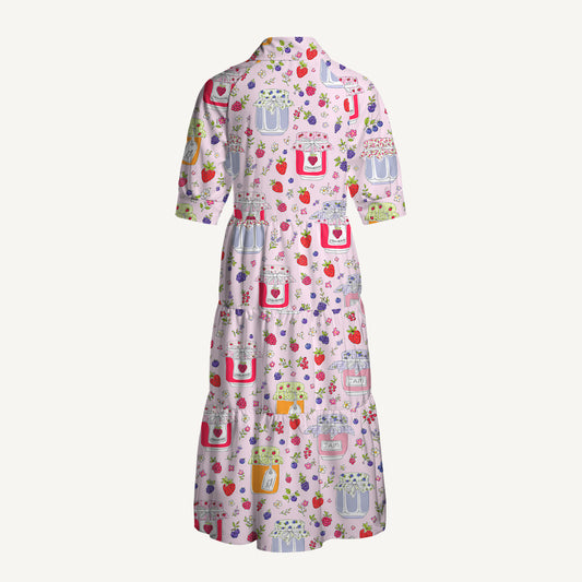 V Neck Collared Strawberry Jam Print Casual Midi Dress With Pockets