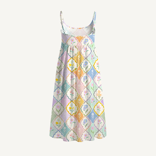 Pastel Floral Lattice Print Spaghetti Strap Mini Dress