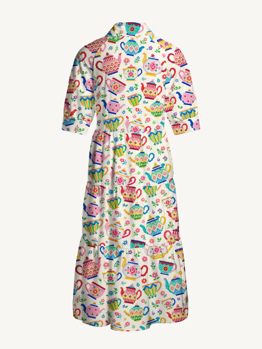 V Neck Collared Whimsical Beaded Teapots Print Casual Midi Dress With Pockets