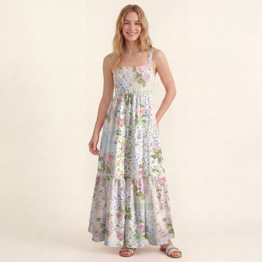 Pastel Rose Print Patchwork Wide Straps Maxi Dress With Pockets