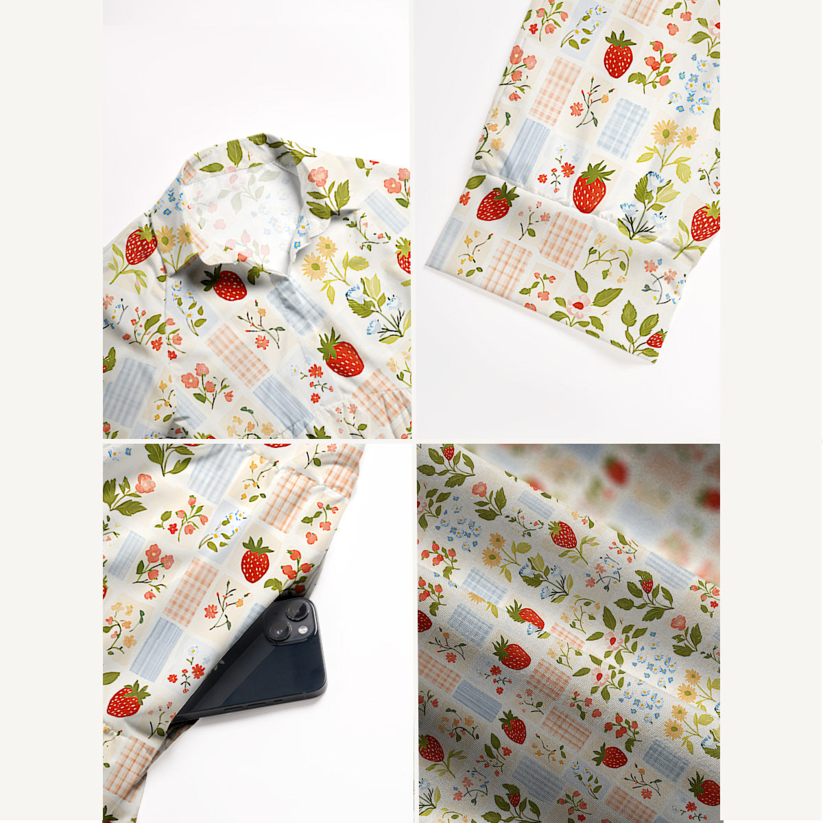 V Neck Collared Strawberry Garden Patchwork Casual Midi Dress With Pockets