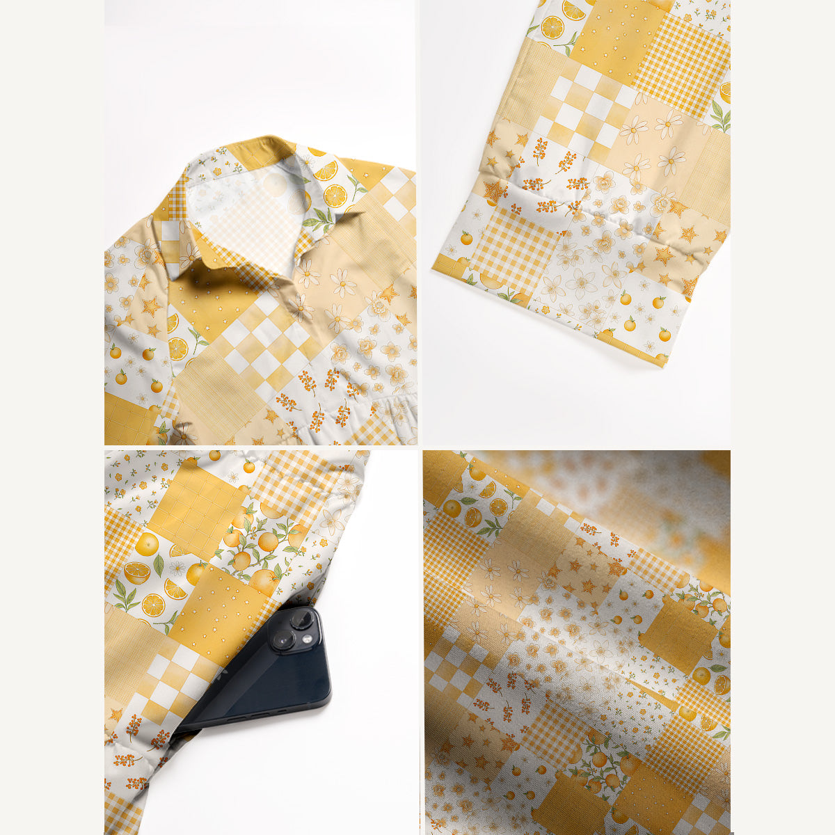 V Neck Collared Lemon Sunshine Patchwork Casual Midi Dress With Pockets