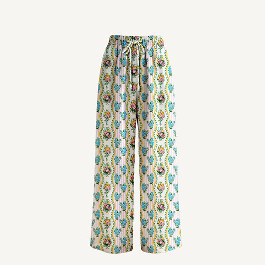 Boho Vintage Bouquet Rose Wide Leg Tie Waist Pants With Pockets