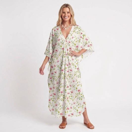 V‑Neck Ruby Vine Kimono Sleeve Kaftan Dress