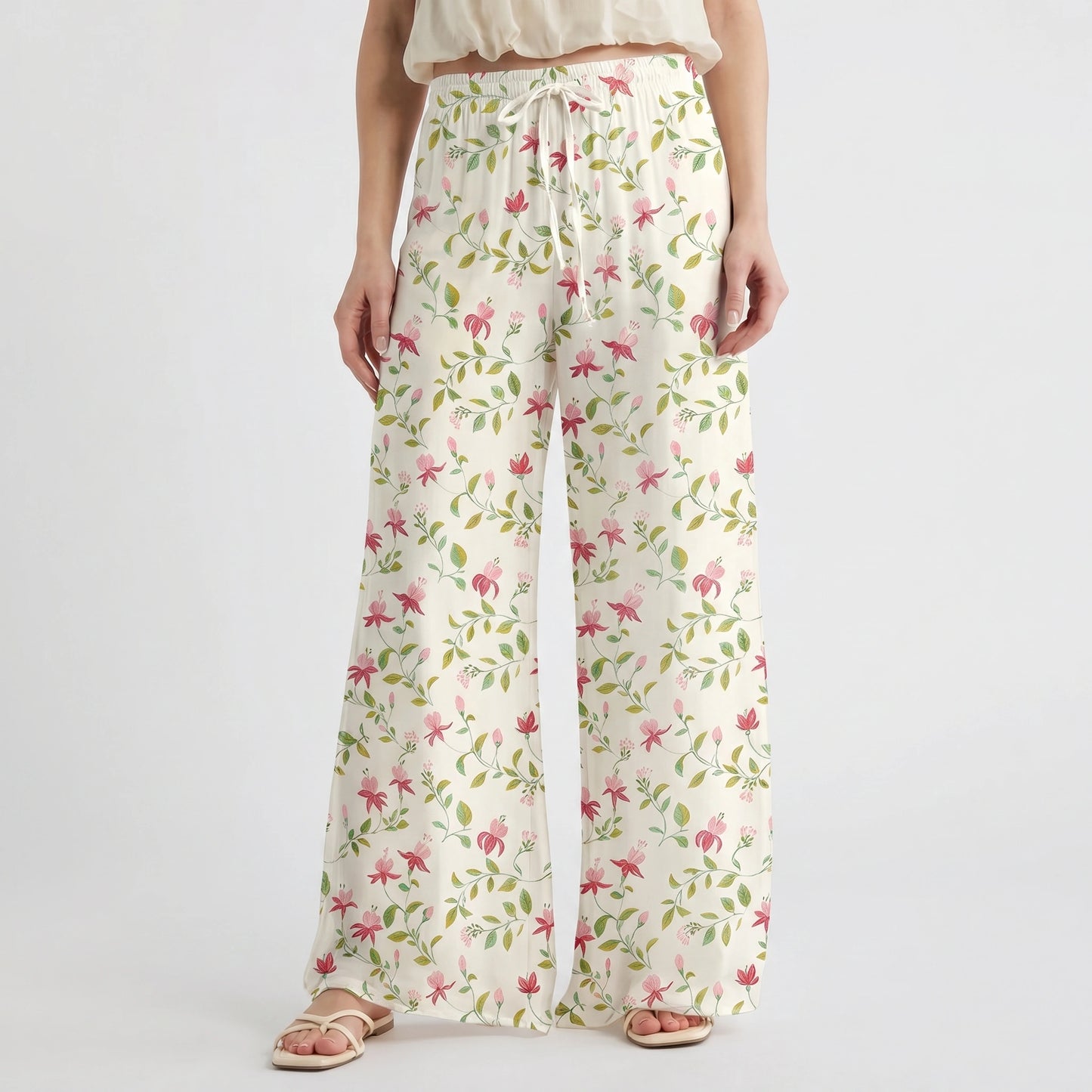 Boho Ruby Vine Wide Leg Tie Waist Pants With Pockets