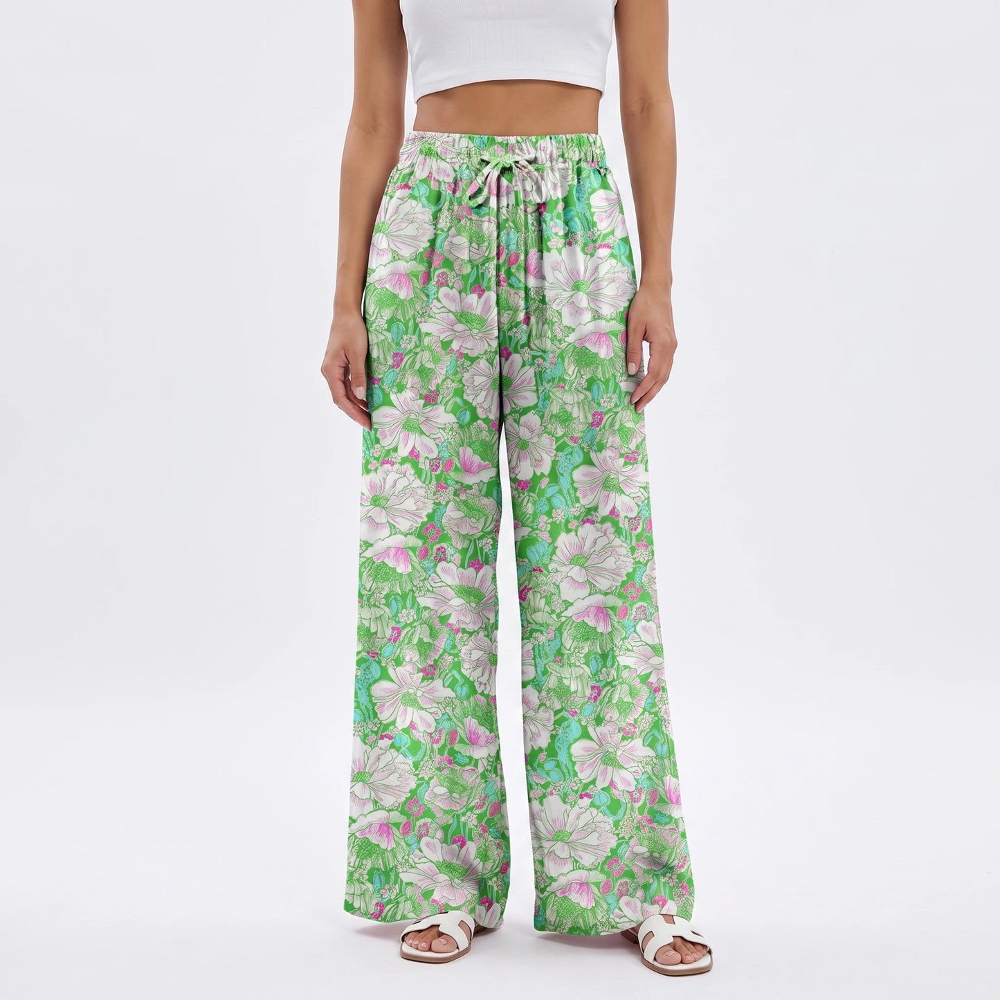 Boho Mint Garden Wide Leg Tie Waist Pants With Pockets