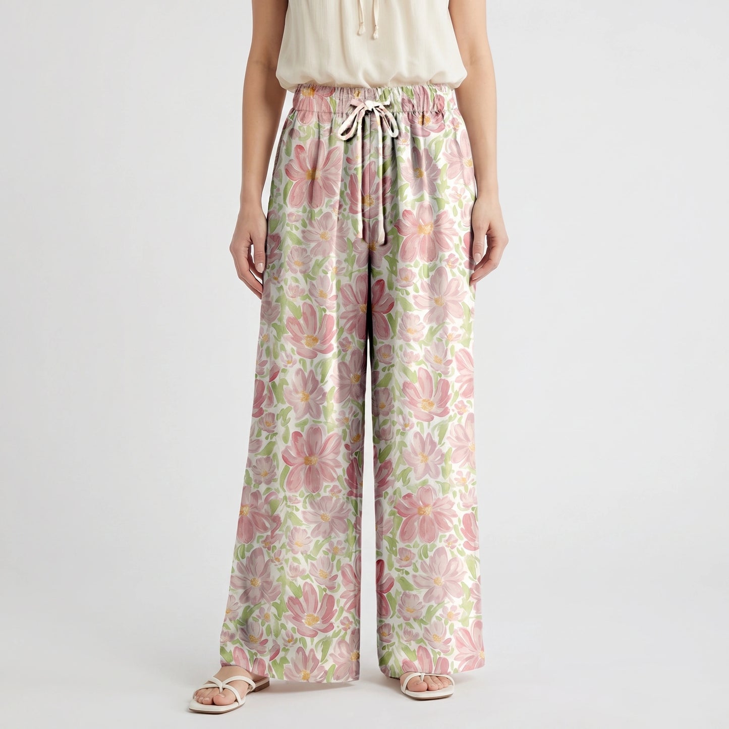 Boho Cosmos Flower Wide Leg Tie Waist Pants With Pockets