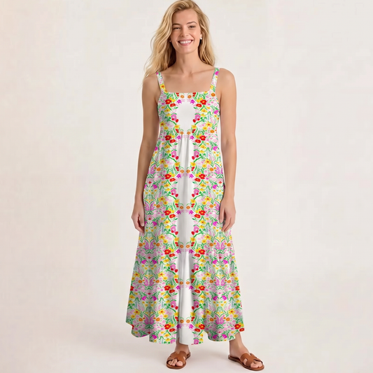Square Neck Elegant Garden Print Wide Straps Maxi Dress With Pockets