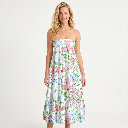 Pastel Cottage Floral Print Convertible Maxi Skirt & Strapless Dress