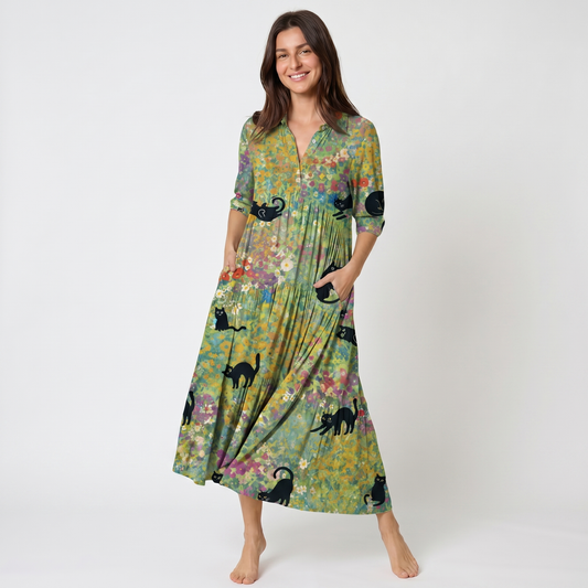 Wildflower Garden Black Cat Midi Dress For Women With Pockets
