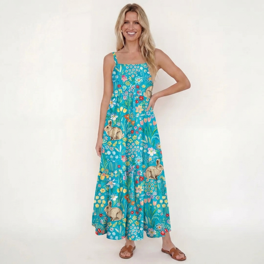 Blue Garden Rabbit Print Wide Straps Maxi Dress With Pockets