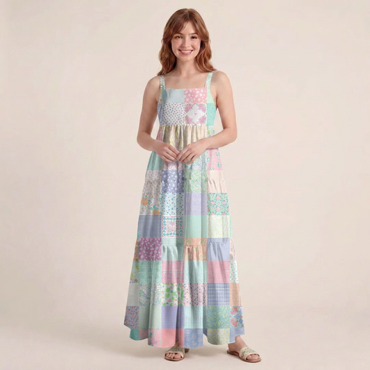 Vintage Quilt Patchwork Print Wide Straps Maxi Dress With Pockets