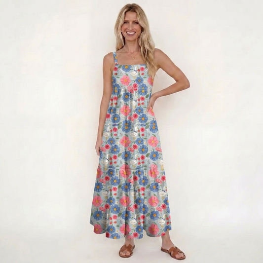 Cottagecore Duck and Wildflower Print Wide Straps Maxi Dress With Pockets