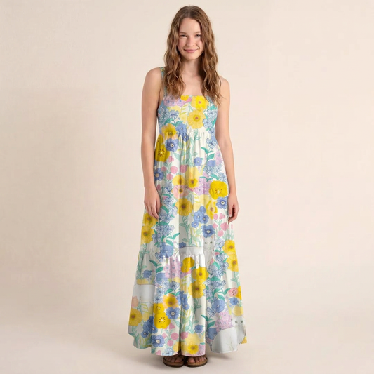Pastel Meadow Cat Print Wide Straps Maxi Dress With Pockets