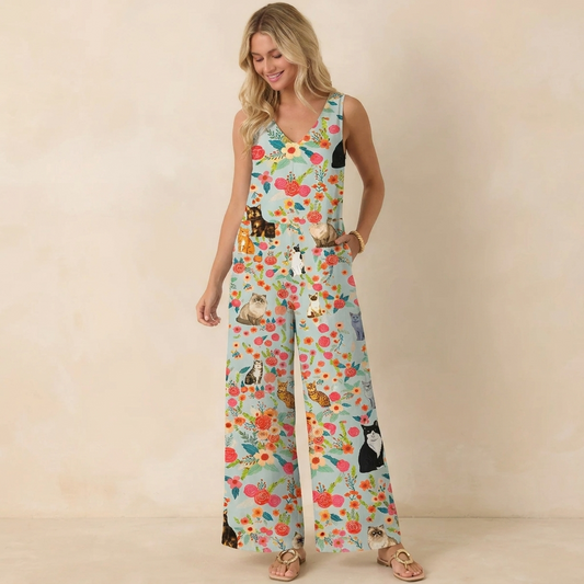 Flower Cat Print Boho Jumpsuit with Pockets for Women